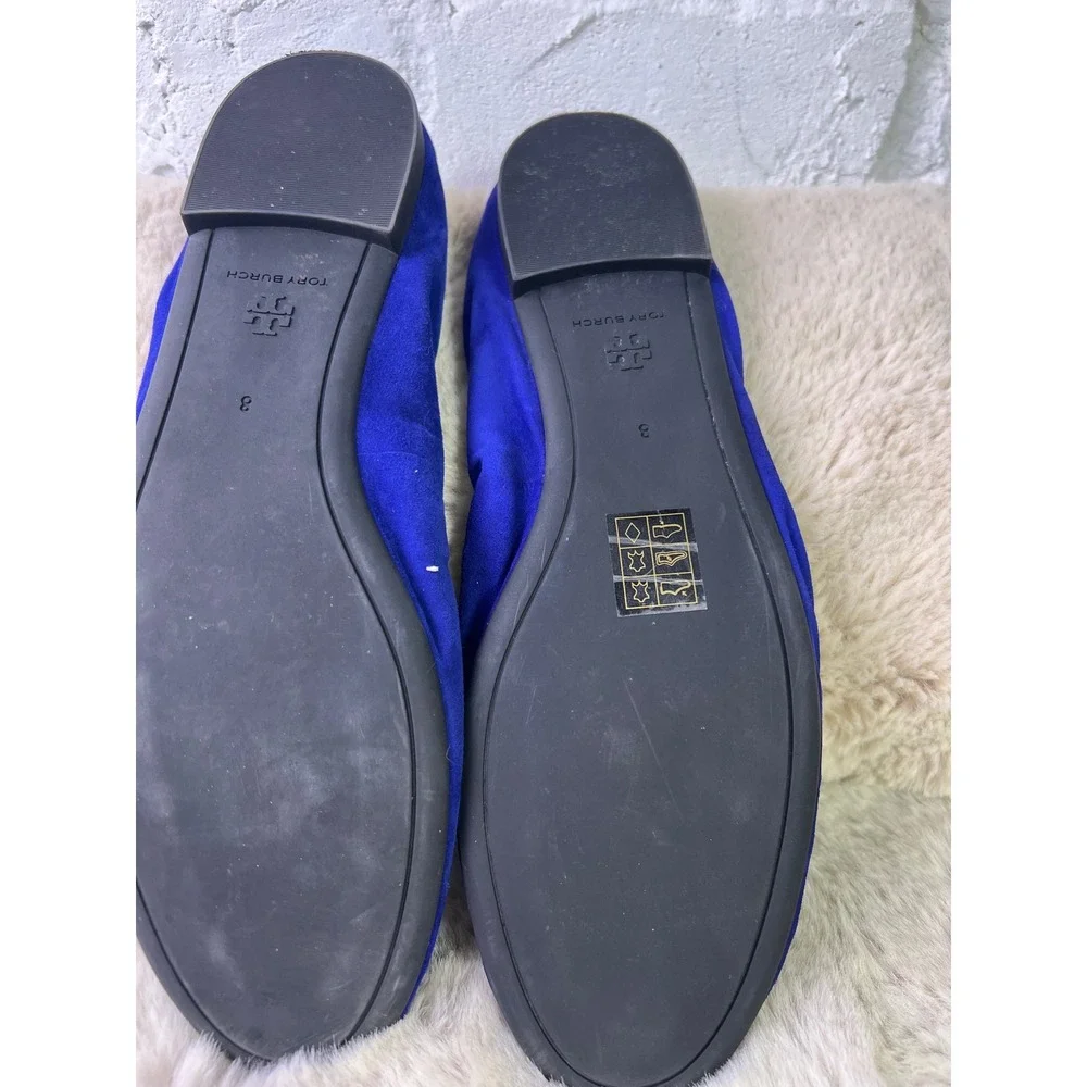 Tory Burch‎ Minnie Travel Ballet Flats Royal Blue Suede Ruched Foldable Womens 8